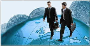 two business men walking on a globe surrounded by silver coins