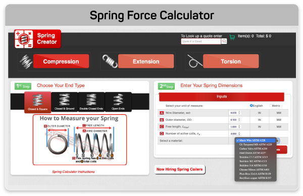 spring calculator which uses music spring wire properties to calculate when music wire is selected for the spring design