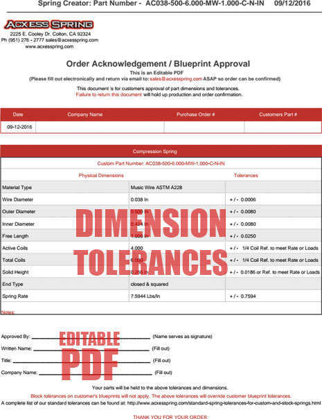 Order Acknowledgement / Tolerances